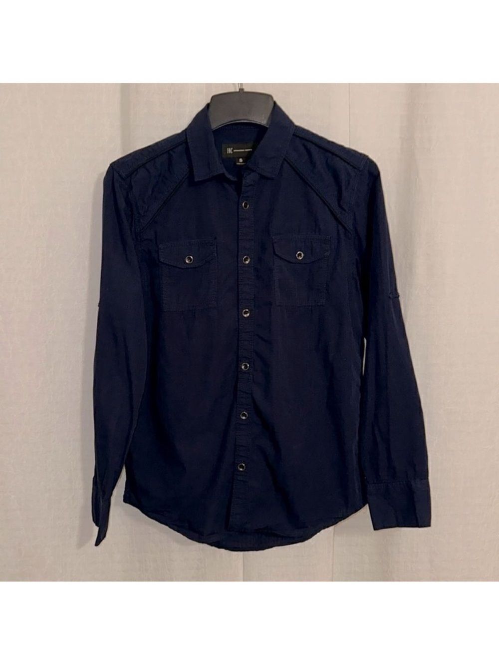 INC S Navy Casual Long Sleeve Button Down Shirt Roll Up Sleeves Chest Pockets